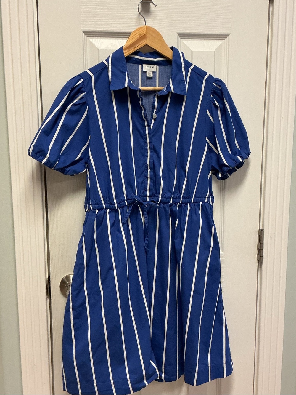 J. Crew Vibrant Blue White Puff Sleeves SZ 10 Tie Waist Women’s Mini Dress
